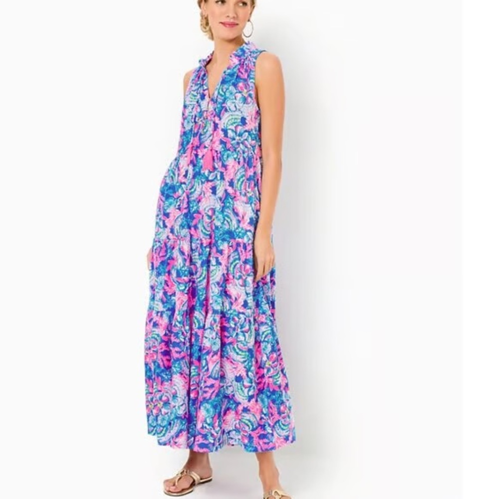 Lilly Pulitzer Blue Tang Sitting Seaside Malone Maxi Dress New Size Large